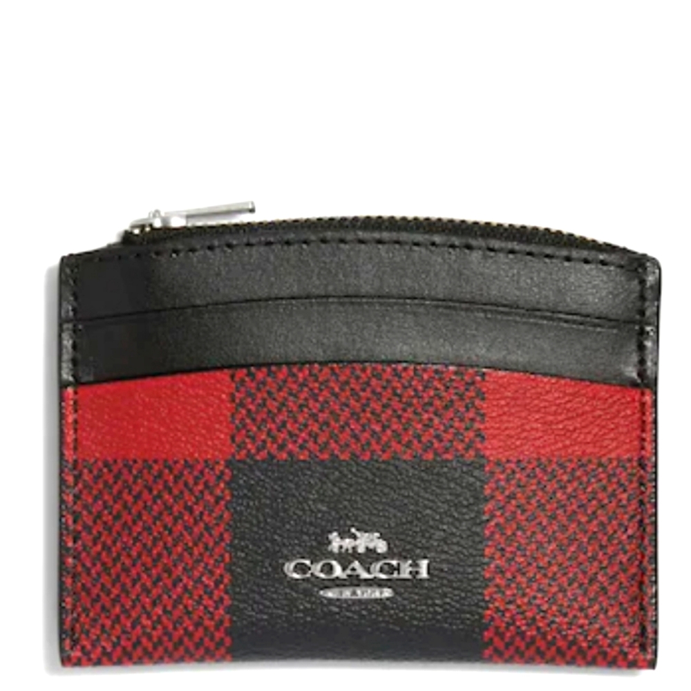 COACH SHAPED CARD CASE WITH BUFFALO PLAID PRINT RED & BLACK